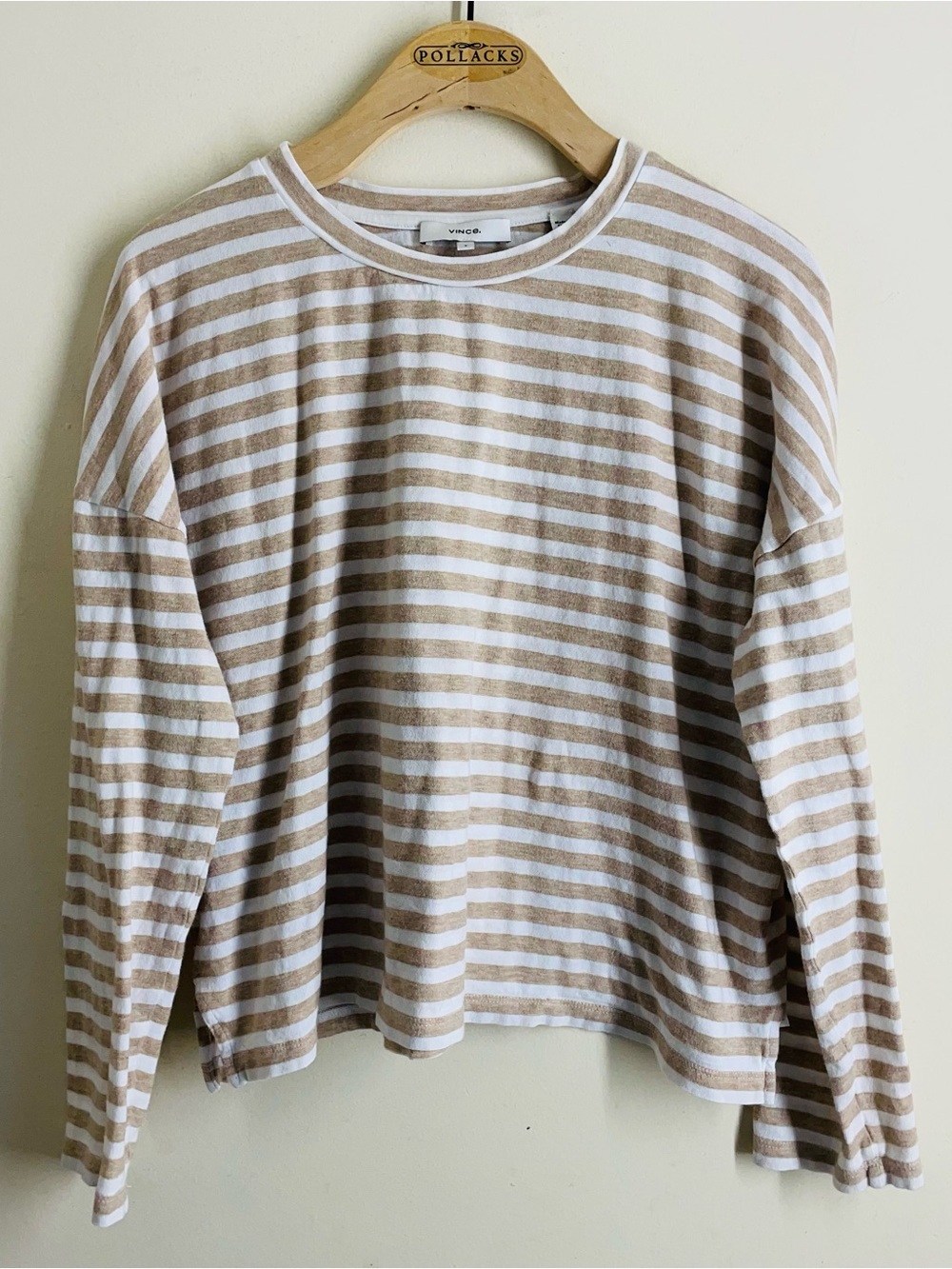 Vince Striped Cotton Long Sleeve Tee Size S Beige White Oversized Boxy Top
